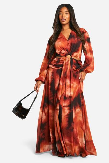 Brown Plus Ombre Print Chiffon Cut Out Maxi Dress