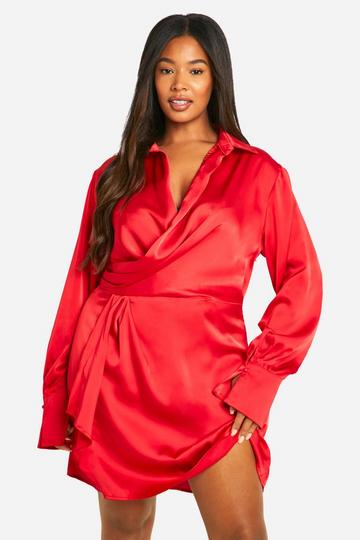 Plus Collared Plunge Neck Mini Shirt Dress red