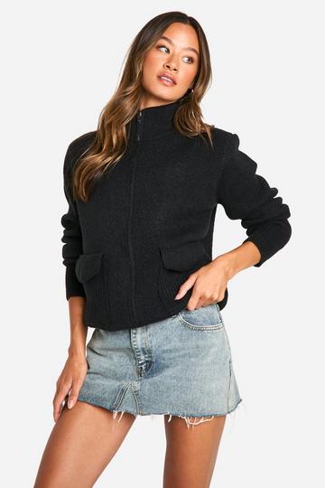 Black Tall Zip Through Knitted Cardigan