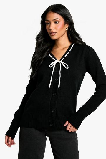 Black Tall Contrast Ribbon Knitted Cardigan