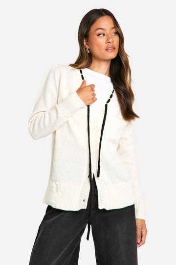 Tall Contrast Ribbon Knitted Cardigan ivory