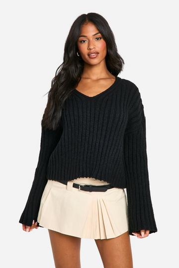 Black Tall Ribbed V Neck Cropped Knitted Sweater