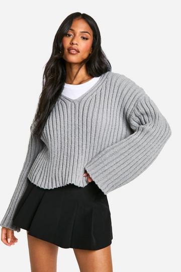 Grey Tall Ribbed V Neck Cropped Knitted Sweater