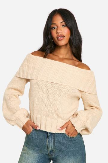 Tall Ribbed Off The Shoulder Balloon Sleeve Knitted Sweater sand