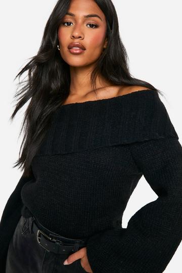 Black Tall Ribbed Off The Shoulder Balloon Sleeve Knitted Sweater