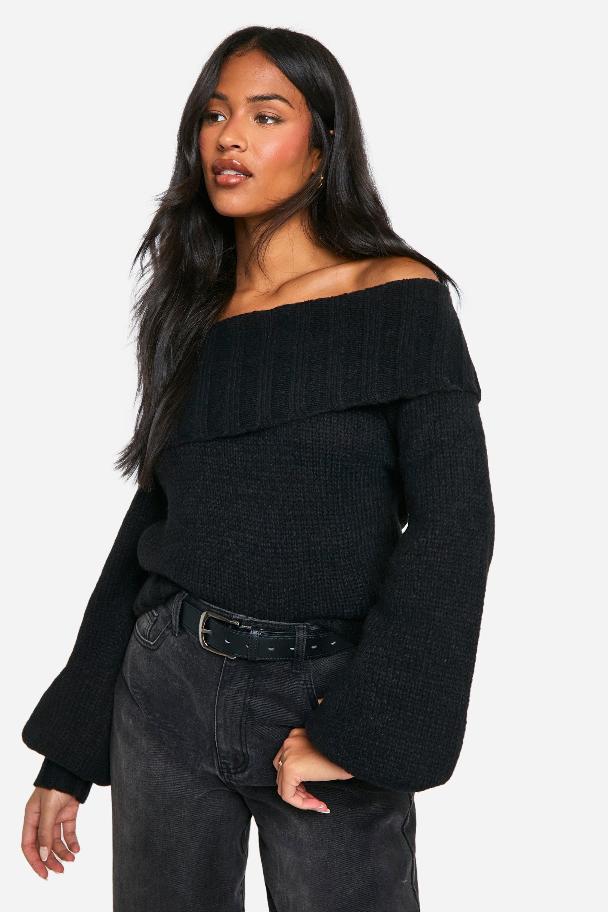 Maglione Tall in maglia a coste con scollo Bardot e maniche a palloncino boohoo IT