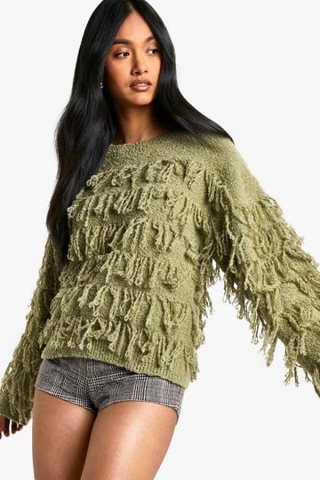 Boucle Knitted Fringe Jumper khaki