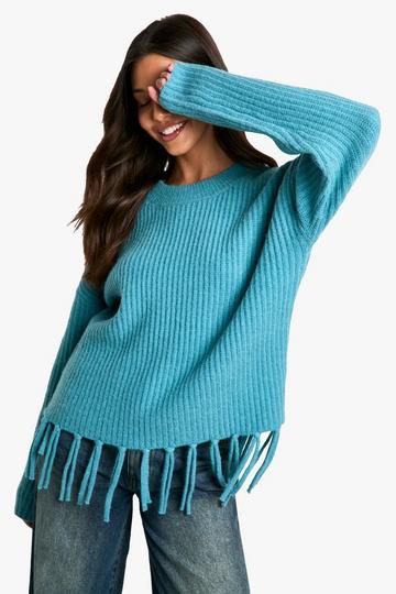 Rib Knitted Fringe Hem Jumper blue