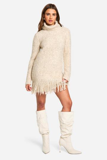 Boucle Knitted Roll Neck Tassel Mini Dress oatmeal