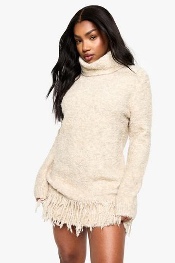 Boucle Knitted Roll Neck Tassel Jumper Dress oatmeal