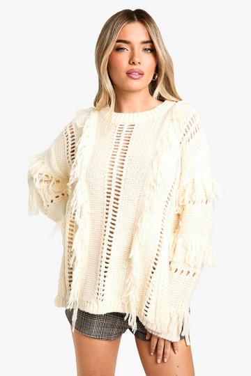 Chunky Knitted Fringe Detail Jumper stone