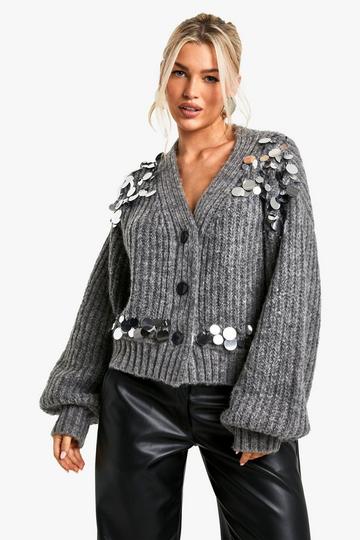 Dikke Gebreide Glitter Cardigan Met Pailletten grey