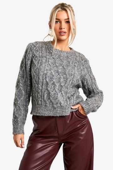 Cable Knit Diamate Detail Jumper grey