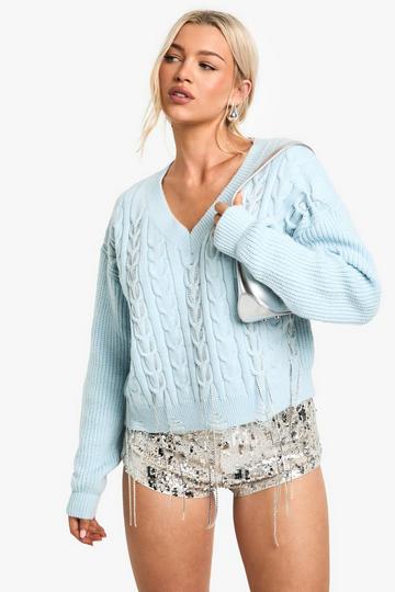 Cable Knit Chain Detail V Neck Jumper light blue