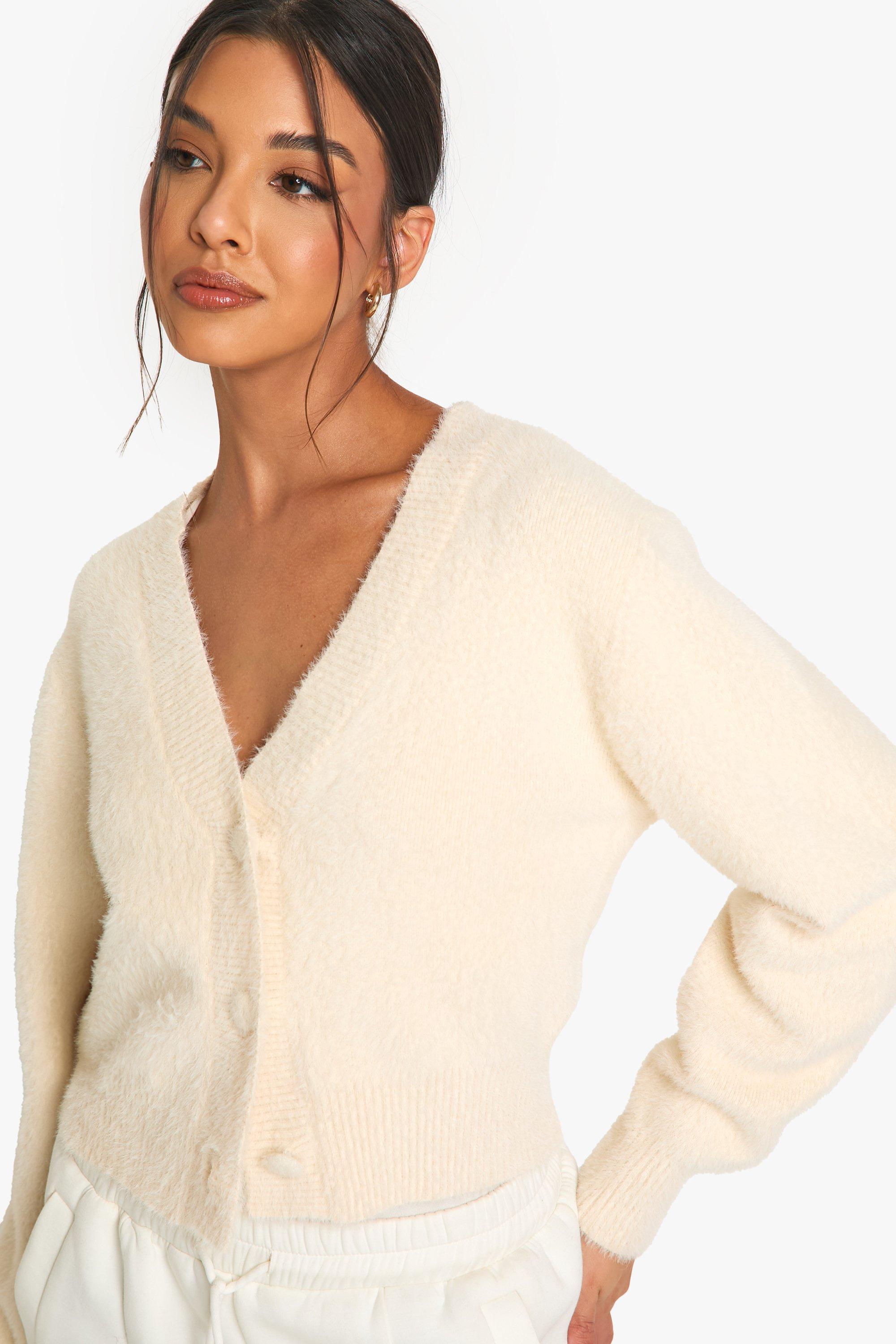 boohoo Fluffy Knitted Cropped Cardigan White Size L