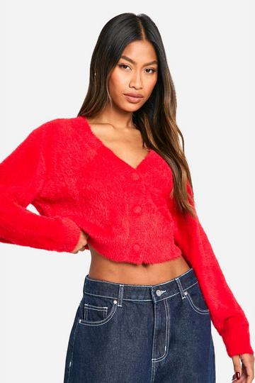 Red Fluffy Knitted Cropped Cardigan