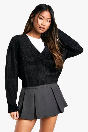 Fluffy Knitted Cropped Cardigan black