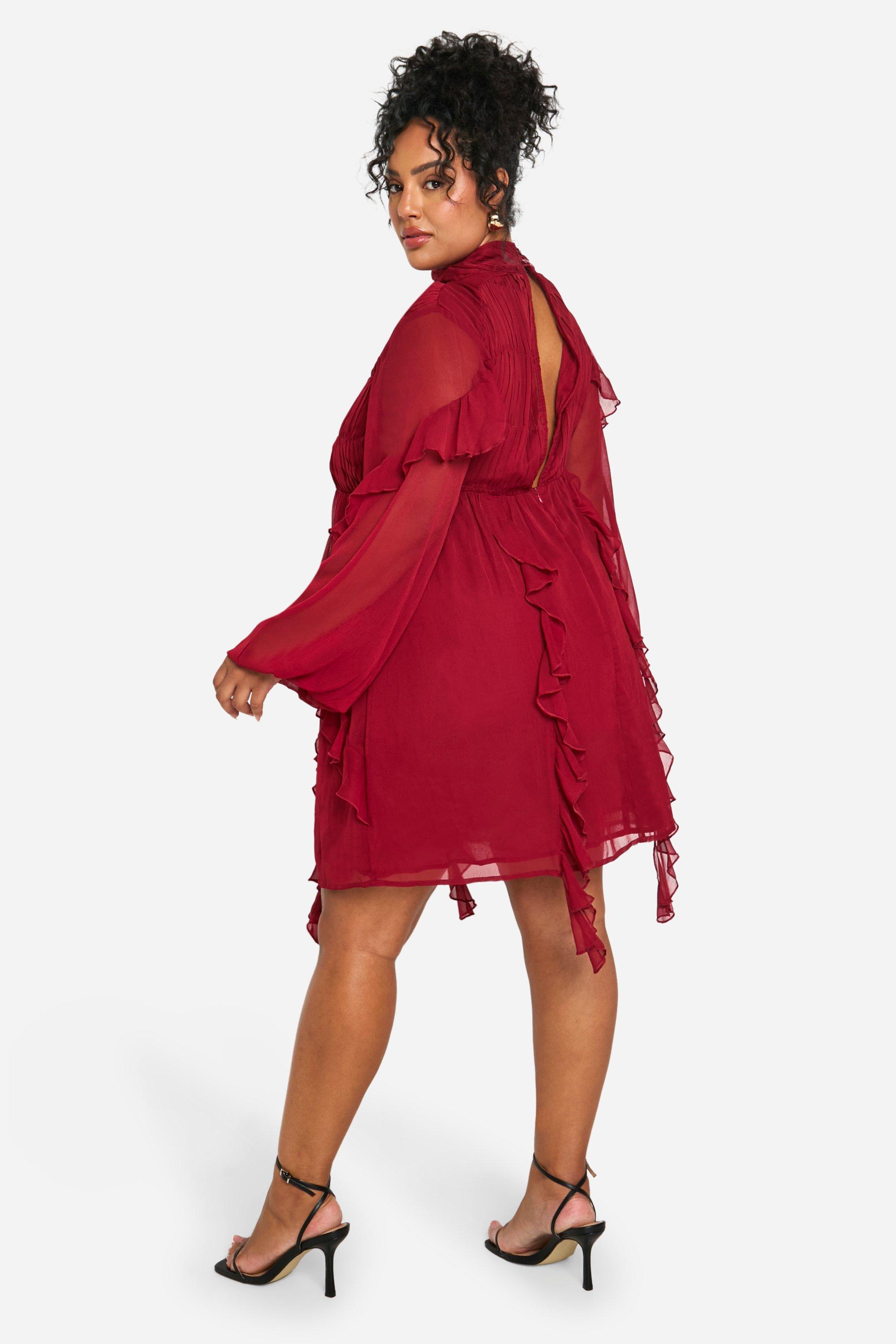 Plus Crinkle Chiffon Funnel Neck Ruffle Smock Dress