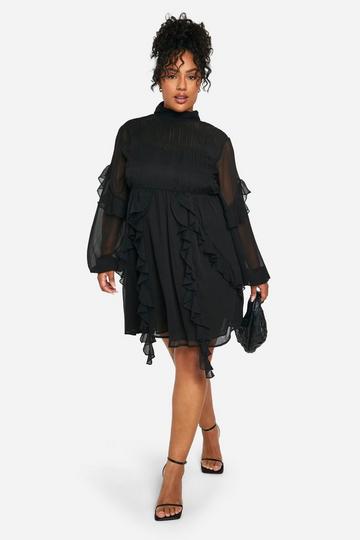 Plus Crinkle Chiffon Funnel Neck Ruffle Smock Dress black