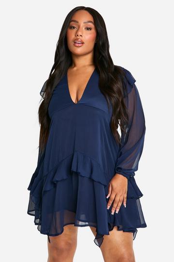 Plus Crinkle Chiffon Ruffle Smock Dress navy