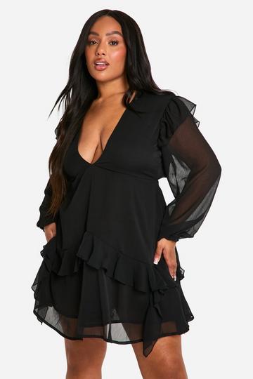 Plus Crinkle Chiffon Ruffle Smock Dress black