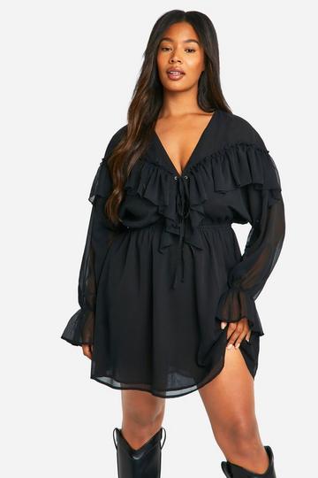 Plus Chiffon Ruffle Skater Dress black