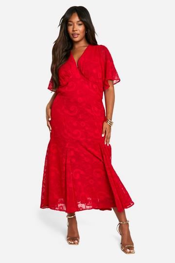 Plus Jacquard Floral Angel Sleeve Midaxi Dress red