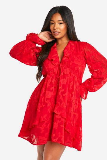 Plus Burnout Ruffle Smock Dress red