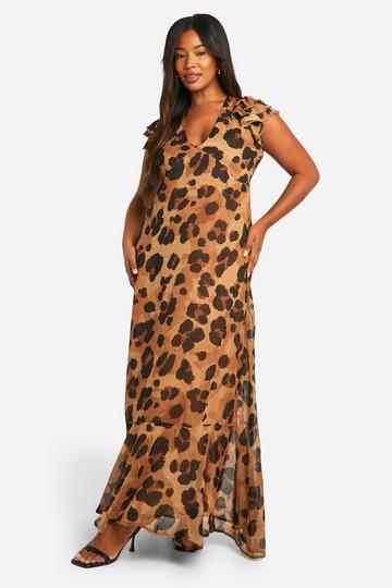 Multi Plus Leopard Chiffon Ruffle Sleeve Maxi Dress