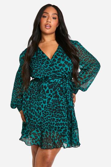 Plus Leopard Wrap Ruffle Skater Dress green