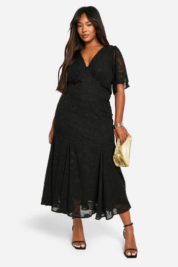 Plus Jacquard Floral Angel Sleeve Midi Dress black