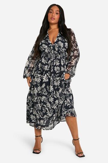 Plus Mono Floral Chiffon Long Sleeve Frill Midi Dress black