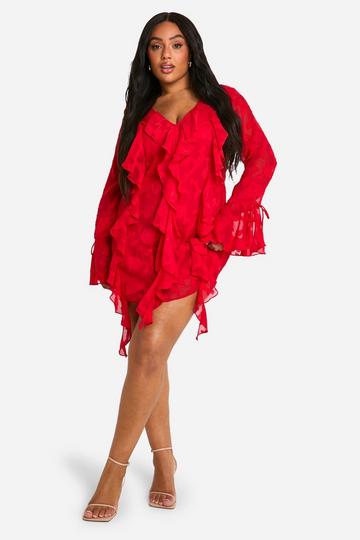 Plus Burnout Floral Ruffle Shift Dress red