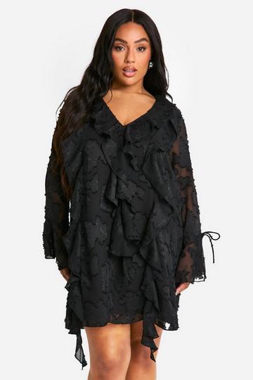 Plus Burnout Floral Ruffle Shift Dress black