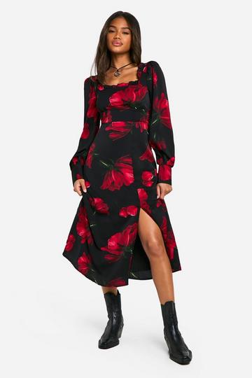 Bloemen Melkmeisjes Midaxi Jurk Met Korset Detail black