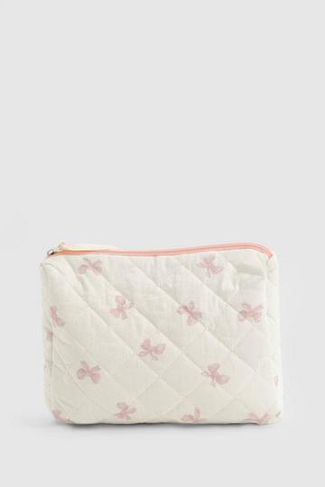 White Quilted Bow Detail Makeup Bag