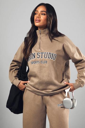 Stone Beige Dsgn Studio Applique Oversized Half Zip Sweatshirt