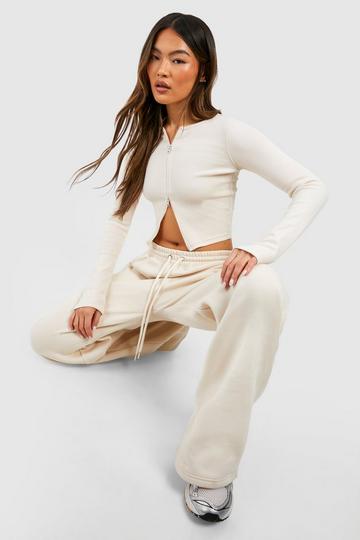 Double Zip Long Sleeve Rib Top And Straight Leg Jogger Set stone