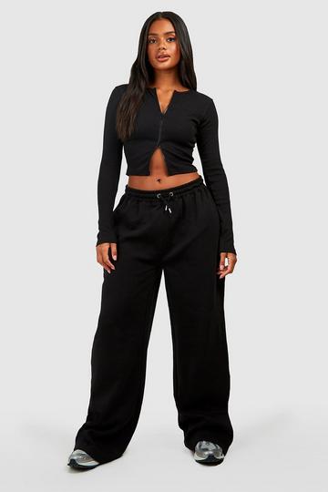 Double Zip Long Sleeve Rib Top And Straight Leg Jogger Set black