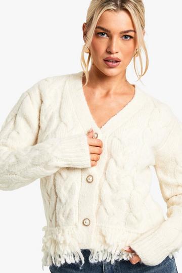 Cream White Premium Cable Knit Fringe Cardigan