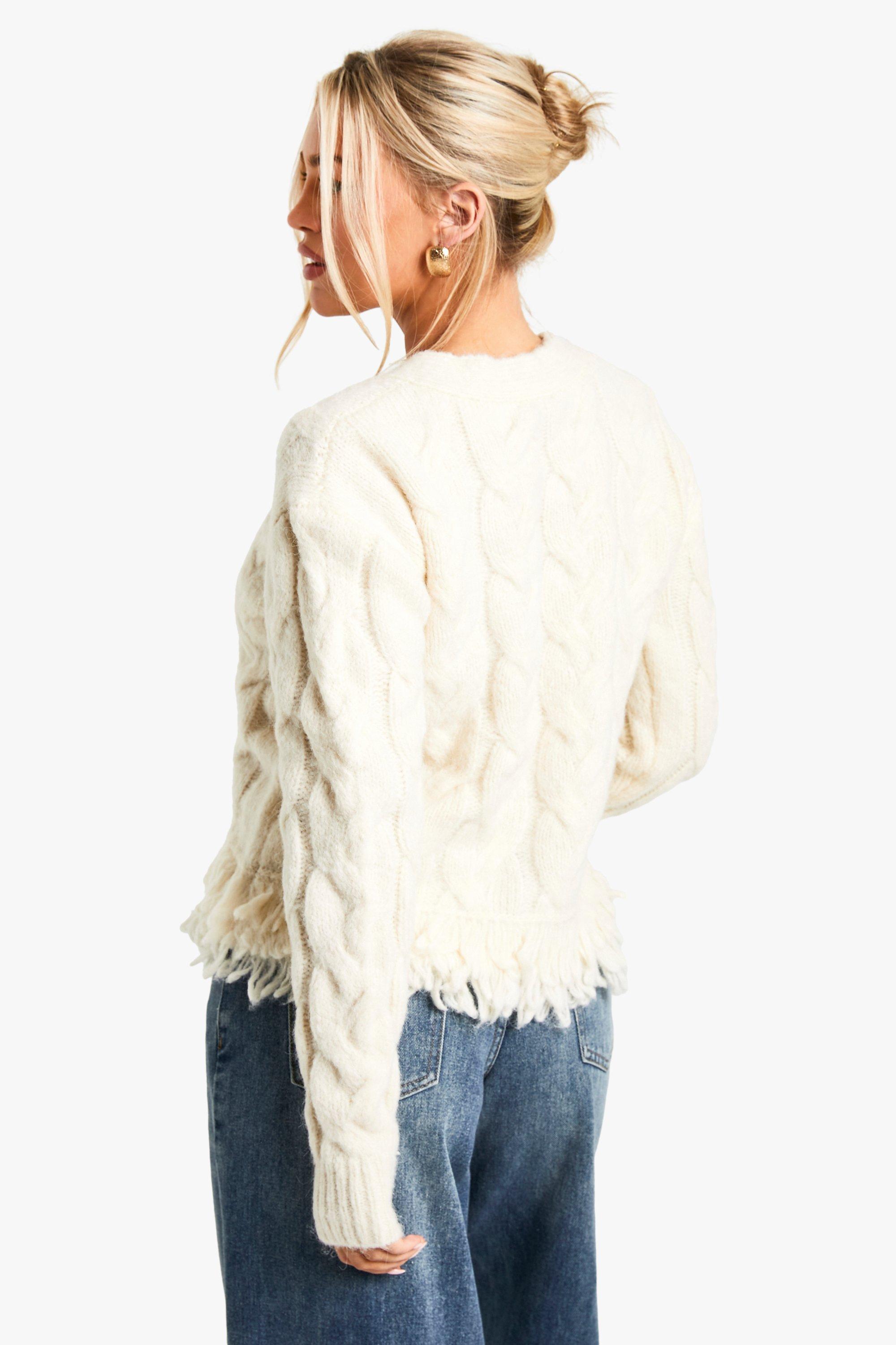 Premium Cable Knit Fringe Cardigan boohoo CA