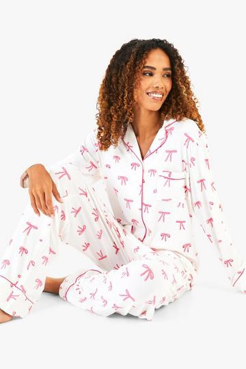 Ladies Mini Me Matching Bow Trouser Pyjamas Set pink