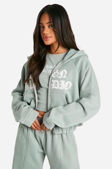 Dsgn Studio Applique Washed Hooded Zip Through Jacket sage