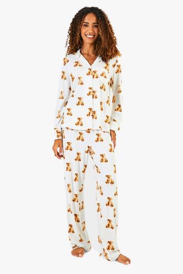 Womens Christmas Button Up Family Bear Print Pants Pj Set cream