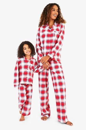 Womens Button Up Family Check Print Trouser Pj set red