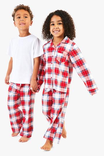 Kids Button Front Mini Me Matching Check Family Pjs red