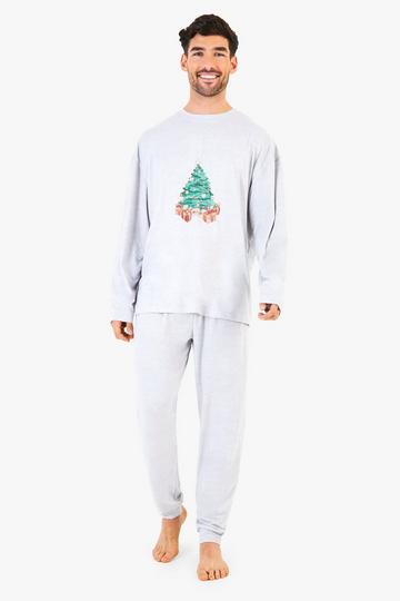 Mens Christmas Family Tree Print Pants Pj Set grey