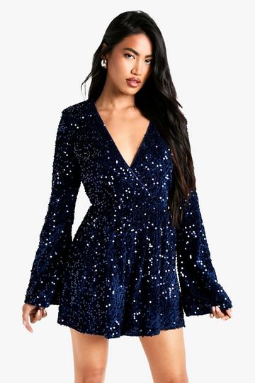 Velvet Sequin Flare Sleeve Playsuit navy