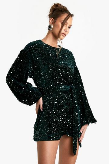 Sequin Extreme Sleeve Belted Playsuit emerald