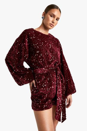 Sequin Extreme Sleeve Belted Playsuit red